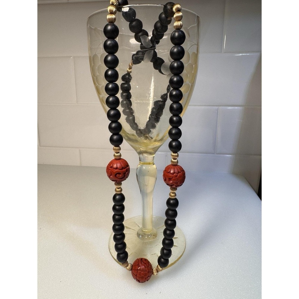 VTG Matte Onyx & Carved Red Cinnabar Necklace 27" Gold Filled Beads Bail/Clasp - Picture 10 of 10